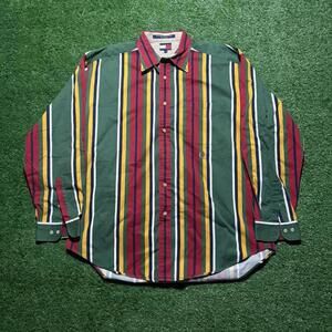 Vintage 90s Preppy Tommy Hilfiger Vertical Stripe Button Up Shirt Green Red Sz L